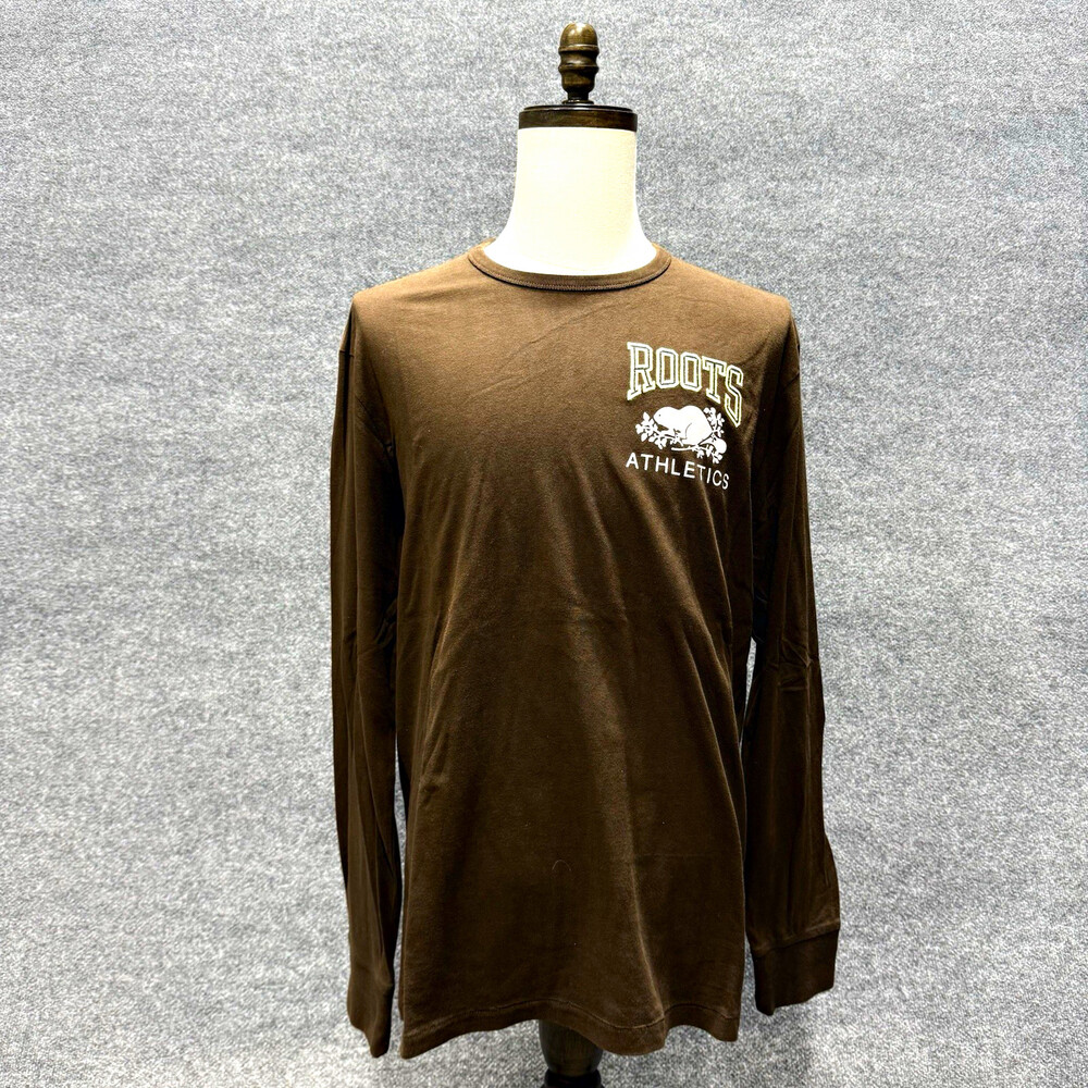 Roots Athletics Mens XL Long Sleeve Shirt Brown Beaver Logo 1973 Organic Cotton